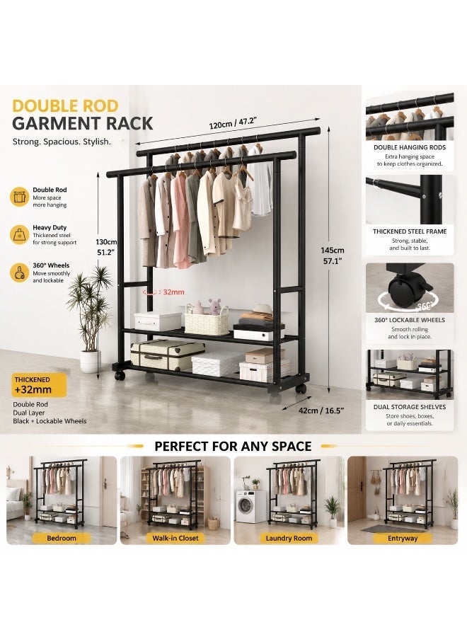 Metal Clothes Hanger Stand ,Organizer  with Wheels,Double Layered Clothes Rack,120*42*150cm - Image 1