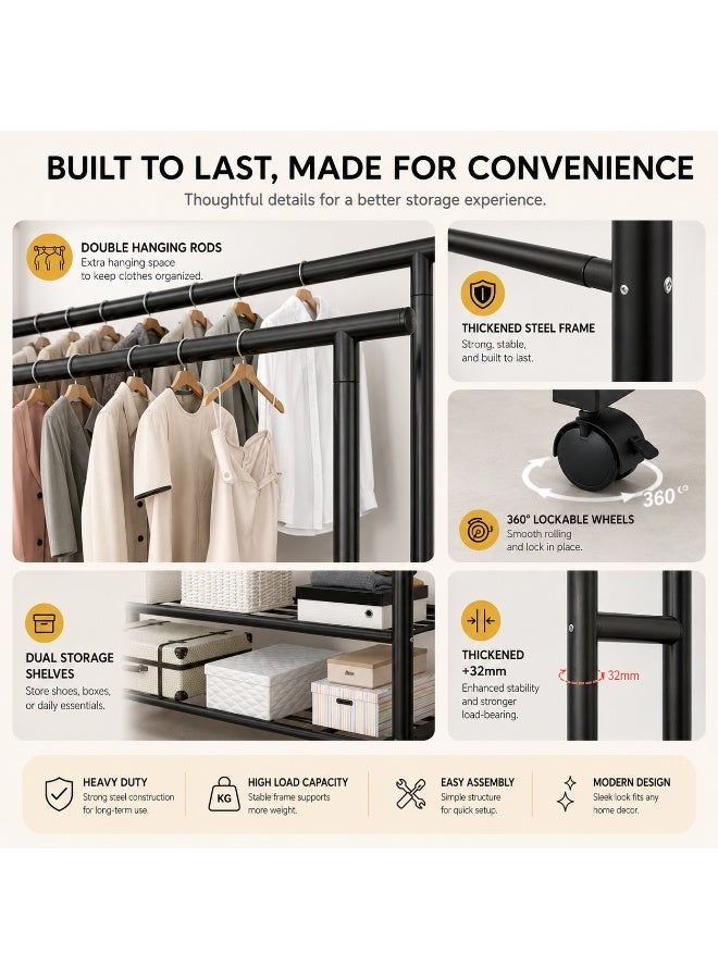 Metal Clothes Hanger Stand ,Organizer  with Wheels,Double Layered Clothes Rack,120*42*150cm - Image 2