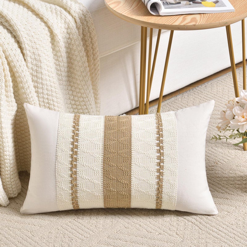Fancy Homi Set of 1 Neutral Tan Lumbar Decorative Throw Pillow Cover 12x20 Inch for Couch Bed Sofa Chair Modern Organic Farmhouse Boho Home Decor Soft Cotton Cute Accent Taupe Rectangle Cushion Case