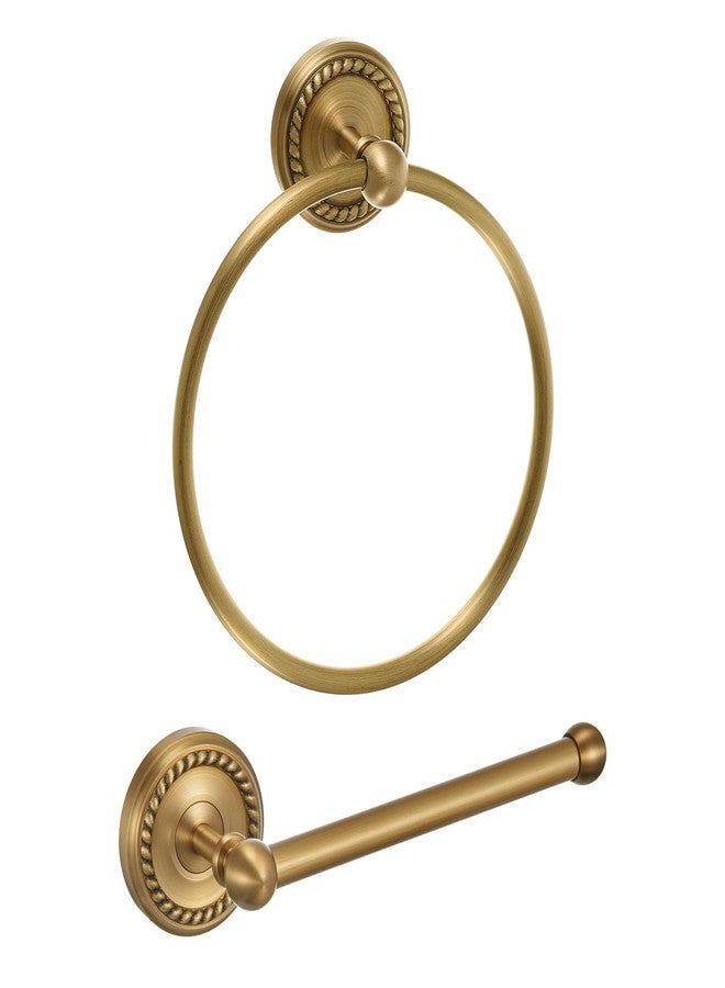Otoolling 2 Pcs Antique Brass Toilet Paper Holder, Brass Towel Ring, Bathroom Wall Mount Vintage Gold Tissue Roll Holder & Hand Towel Ring, Exquisite Pattern Carving Bathroom Accessories(Round) - Image 1