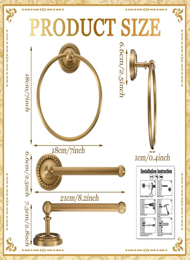Otoolling 2 Pcs Antique Brass Toilet Paper Holder, Brass Towel Ring, Bathroom Wall Mount Vintage Gold Tissue Roll Holder & Hand Towel Ring, Exquisite Pattern Carving Bathroom Accessories(Round) - Image 2