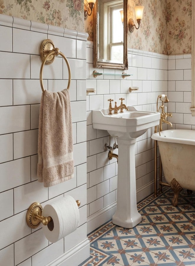 Otoolling 2 Pcs Antique Brass Toilet Paper Holder, Brass Towel Ring, Bathroom Wall Mount Vintage Gold Tissue Roll Holder & Hand Towel Ring, Exquisite Pattern Carving Bathroom Accessories(Round) - Image 4