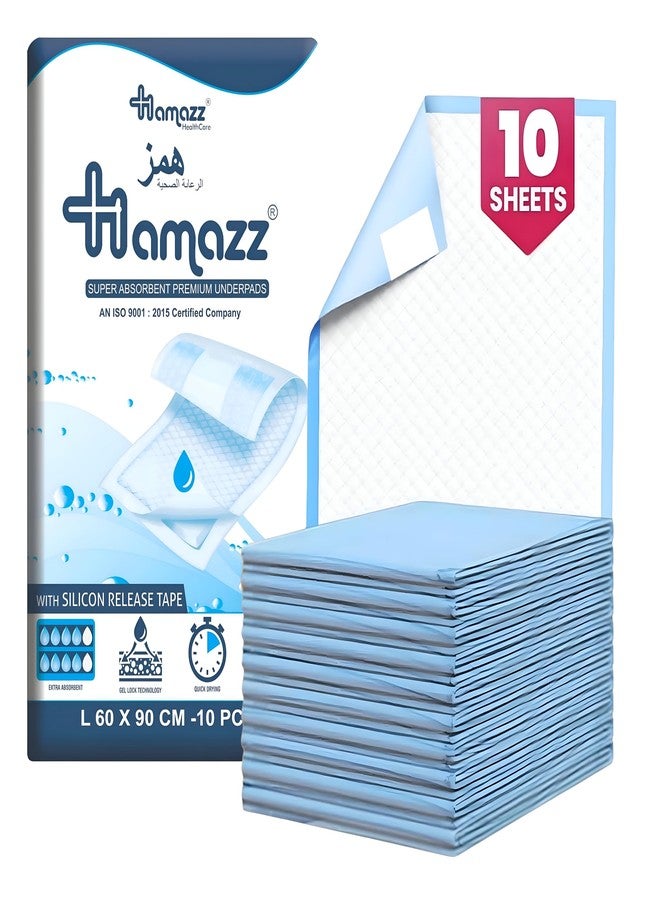 Surzimed Premium Disposable Underpads by Hamazz Healthcare, Large 60 X 90 cm, 10 Count | Super Absorbent Polymer | Soft Surface for Baby & Adults | 4-Corner Adhesive Silicone Release Tapes