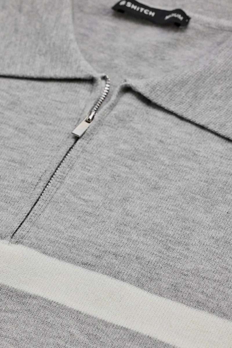 سنيتش Grey Striped Long Sleeve Slim Fit Casual Sweater