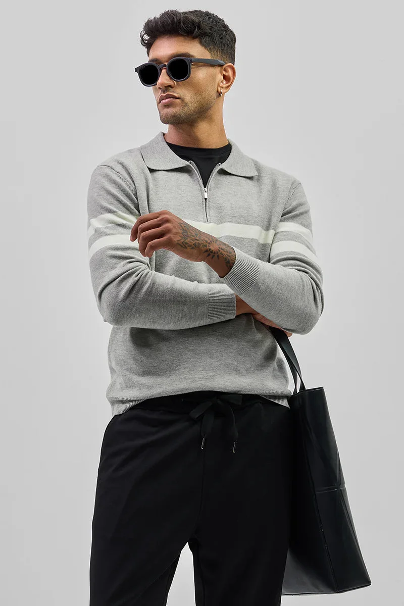 سنيتش Grey Striped Long Sleeve Slim Fit Casual Sweater