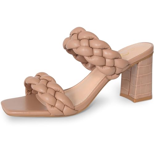 Athlefit Women's Braided Heeled Sandals Fashion Square Open Toe Comfortable Slip on Block Nude Heels Size 8 - Image 1