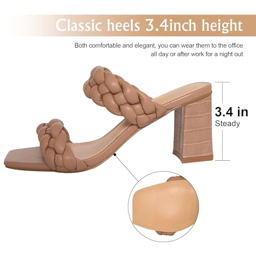 Athlefit Women's Braided Heeled Sandals Fashion Square Open Toe Comfortable Slip on Block Nude Heels Size 8 - Image 3