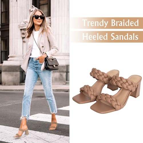 Athlefit Women's Braided Heeled Sandals Fashion Square Open Toe Comfortable Slip on Block Nude Heels Size 8 - Image 2