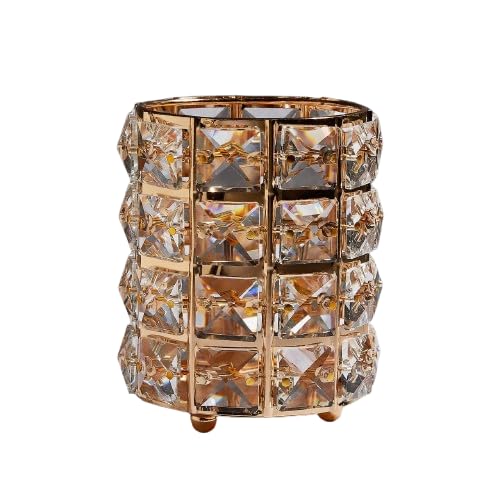 Wolpin 1 Pc Crystal Cosmetic Makeup Brush & Lipstick Holder (10 x 10 x 12 CM) | Embellished Pen & Brush Organizer Stand for Dressing Table (Gold) - Image 1