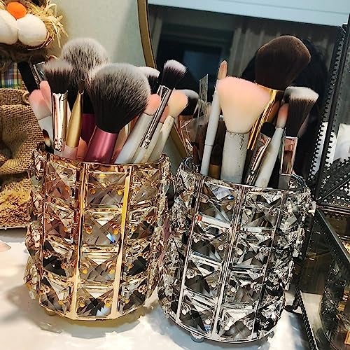 Wolpin 1 Pc Crystal Cosmetic Makeup Brush & Lipstick Holder (10 x 10 x 12 CM) | Embellished Pen & Brush Organizer Stand for Dressing Table (Gold) - Image 2