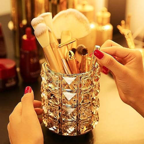 Wolpin 1 Pc Crystal Cosmetic Makeup Brush & Lipstick Holder (10 x 10 x 12 CM) | Embellished Pen & Brush Organizer Stand for Dressing Table (Gold) - Image 3