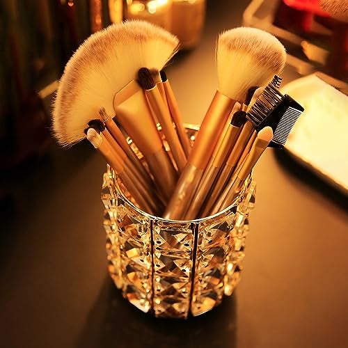 Wolpin 1 Pc Crystal Cosmetic Makeup Brush & Lipstick Holder (10 x 10 x 12 CM) | Embellished Pen & Brush Organizer Stand for Dressing Table (Gold) - Image 5