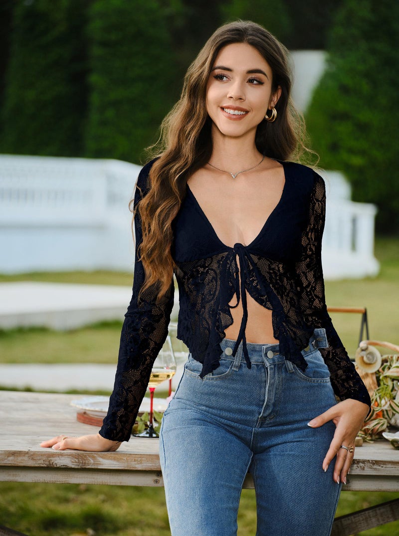 AGECODE Women's Sexy Open Front Tie Long Sleeve Ruffle Trim Sheer Mesh Lace Crop Tops Blouses Black Medium - Image 5