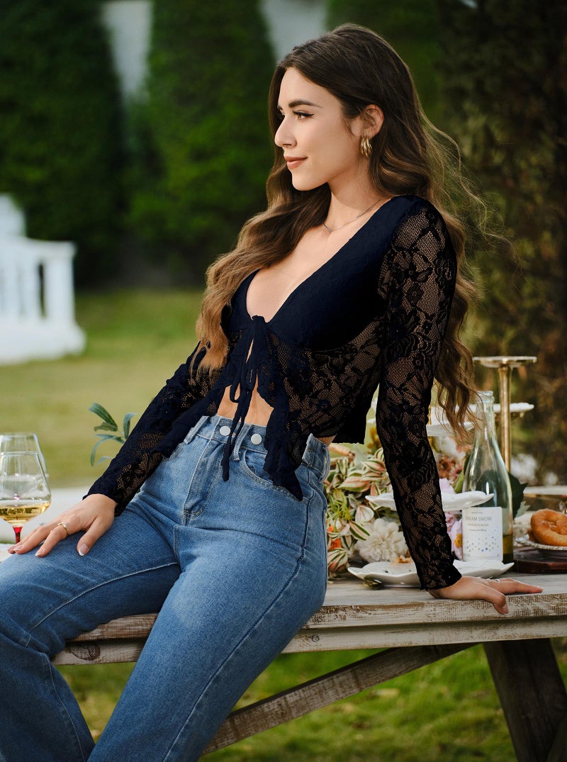 AGECODE Women's Sexy Open Front Tie Long Sleeve Ruffle Trim Sheer Mesh Lace Crop Tops Blouses Black Medium - Image 4