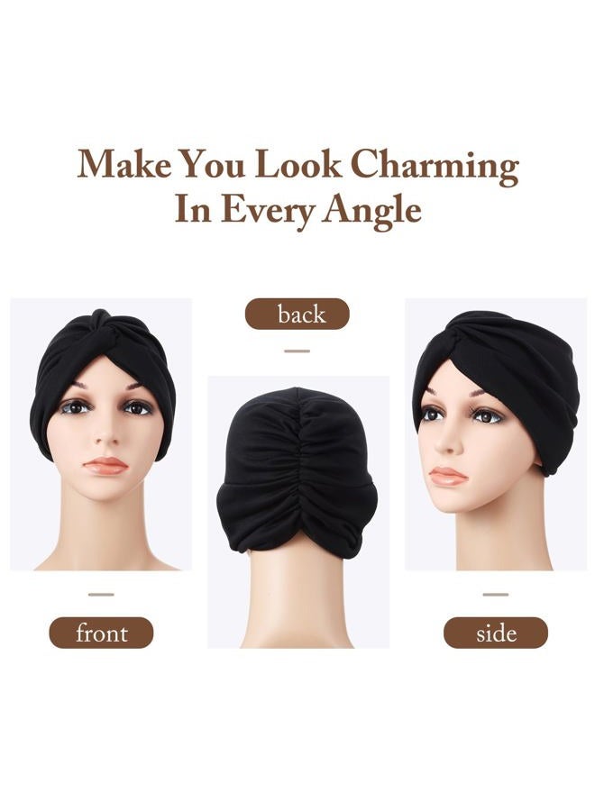 Satinior 4 Pieces Turbans for Women Soft Pre Tied Knot Fashion Pleated Turban Cap Beanie Headwrap Sleep Hat, 4 Colors (Black, Grey, Light Grey, Light White) - Image 4