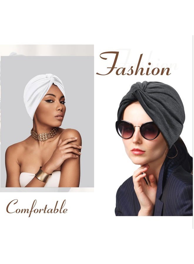 Satinior 4 Pieces Turbans for Women Soft Pre Tied Knot Fashion Pleated Turban Cap Beanie Headwrap Sleep Hat, 4 Colors (Black, Grey, Light Grey, Light White) - Image 2