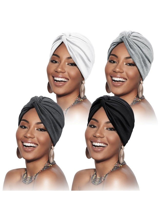 Satinior 4 Pieces Turbans for Women Soft Pre Tied Knot Fashion Pleated Turban Cap Beanie Headwrap Sleep Hat, 4 Colors (Black, Grey, Light Grey, Light White) - Image 1