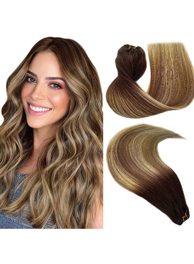 Smartinnov Sew in Hair Extensions Real Human Hair Balayage 20inch Sew in Weft Hair Bundles Hand Tied Double Weft Medium Brown Roots Ombre Ash Blonde With Bleached Blonde Highlights Weft Hair Extensions 100g - Image 2