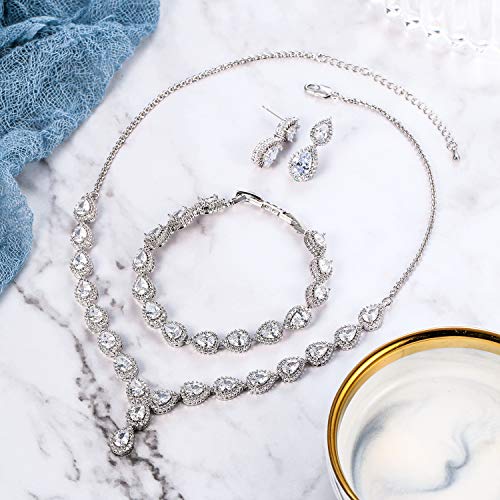 BriLove Wedding Bridal CZ Jewelry Set for Women Teardrop Infinity Figure 8 Y-Necklace Tennis Bracelet Dangle Earrings Clear Silver-Tone April Birthstone - Image 5