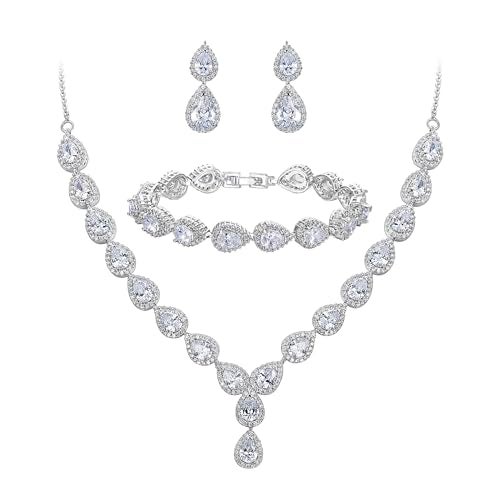 BriLove Wedding Bridal CZ Jewelry Set for Women Teardrop Infinity Figure 8 Y-Necklace Tennis Bracelet Dangle Earrings Clear Silver-Tone April Birthstone - Image 1