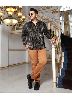 Instafab Plus Men's Jet Black & Metallic Gold Pleat-Creased Shirt  - Image 3