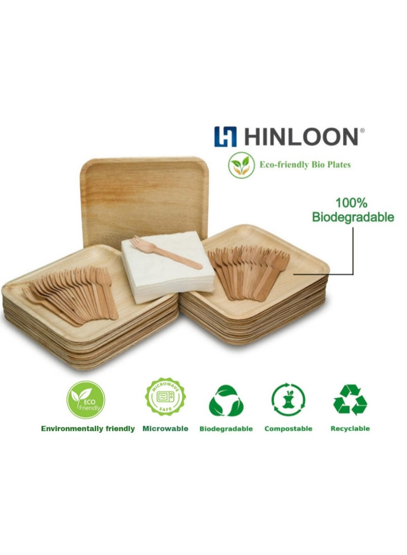 طبق Hinloon Eco Plate مقاس 10 بوصة للاستعمال مرة واحدة من أوراق النخيل المربعة 30 طبقًا في كل عبوة تتضمن 30 شوكة من خشب البتولا مقاس 6 بوصات و30 منديلًا صديقة للبيئة بنسبة 100% وقابلة للتحلل البيولوجي وقابلة للتحلل البيولوجي - Image 4