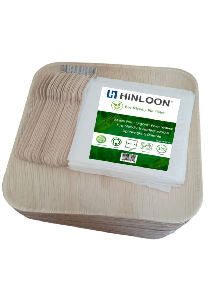 طبق Hinloon Eco Plate مقاس 10 بوصة للاستعمال مرة واحدة من أوراق النخيل المربعة 30 طبقًا في كل عبوة تتضمن 30 شوكة من خشب البتولا مقاس 6 بوصات و30 منديلًا صديقة للبيئة بنسبة 100% وقابلة للتحلل البيولوجي وقابلة للتحلل البيولوجي - Image 1