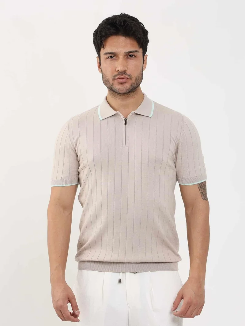 Dufy Beige Men's Slim Fit Ribbed Zippered Polo Neck Sweater - 104616