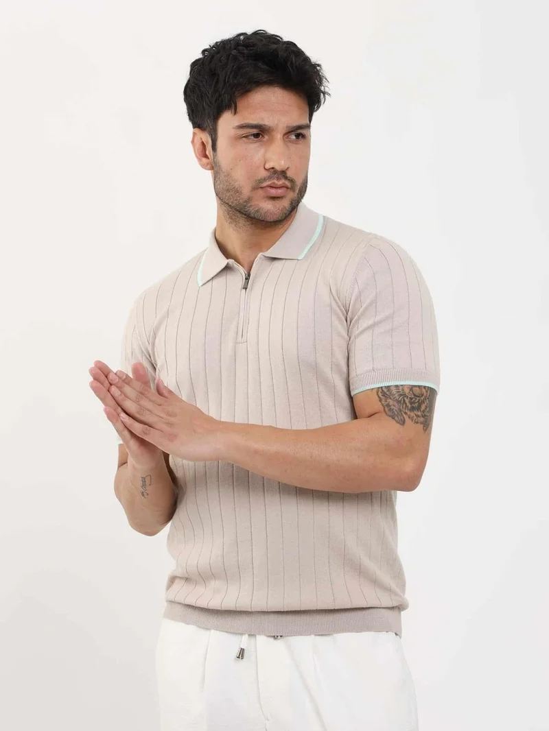 Dufy Beige Men's Slim Fit Ribbed Zippered Polo Neck Sweater - 104616