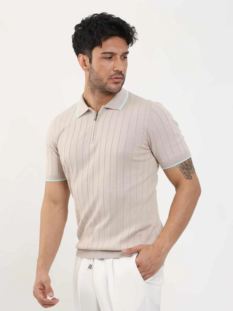 Dufy Beige Men's Slim Fit Ribbed Zippered Polo Neck Sweater - 104616