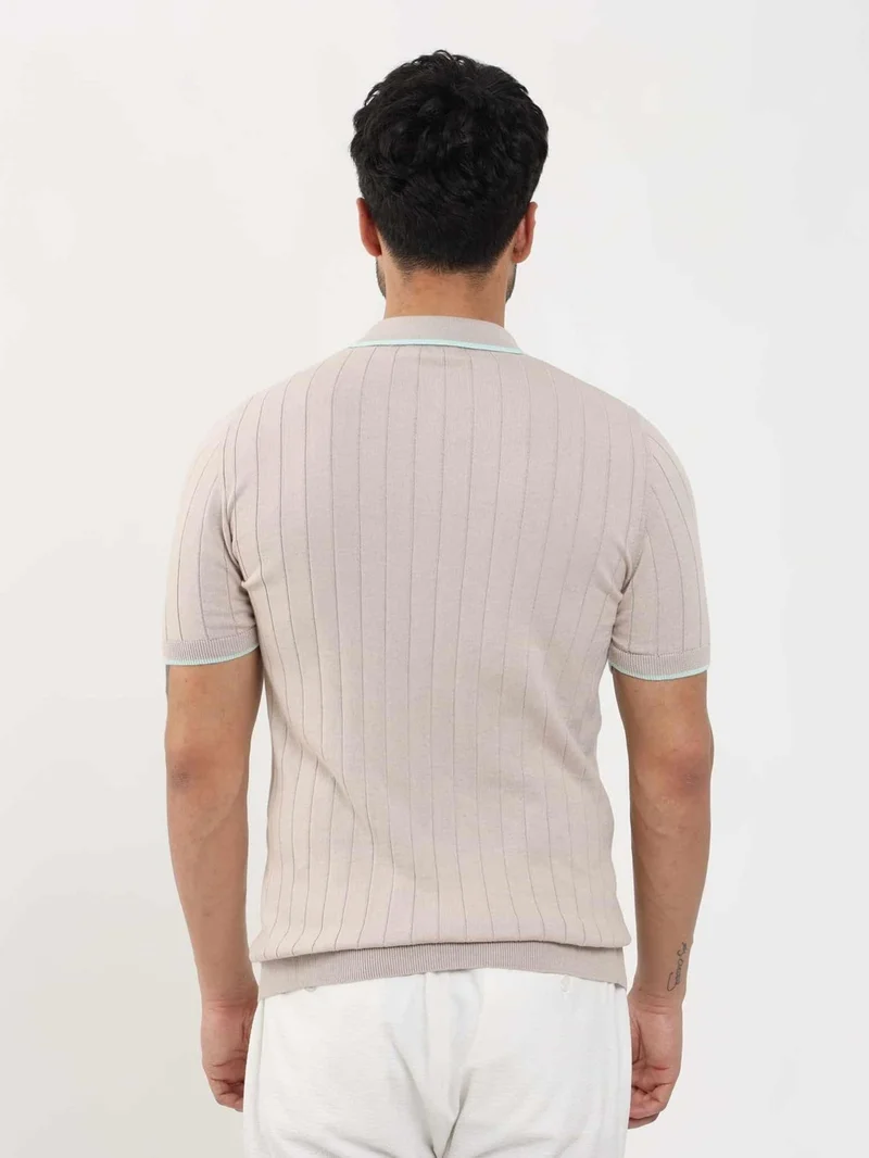 Dufy Beige Men's Slim Fit Ribbed Zippered Polo Neck Sweater - 104616