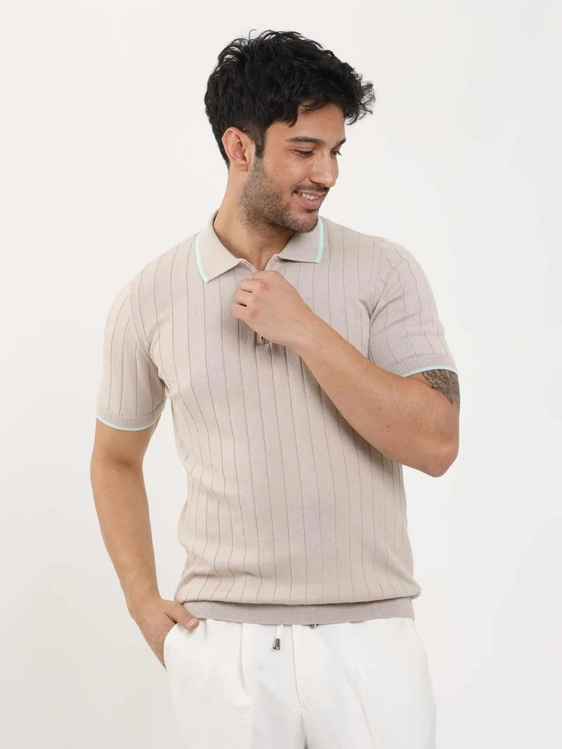 Dufy Beige Men's Slim Fit Ribbed Zippered Polo Neck Sweater - 104616