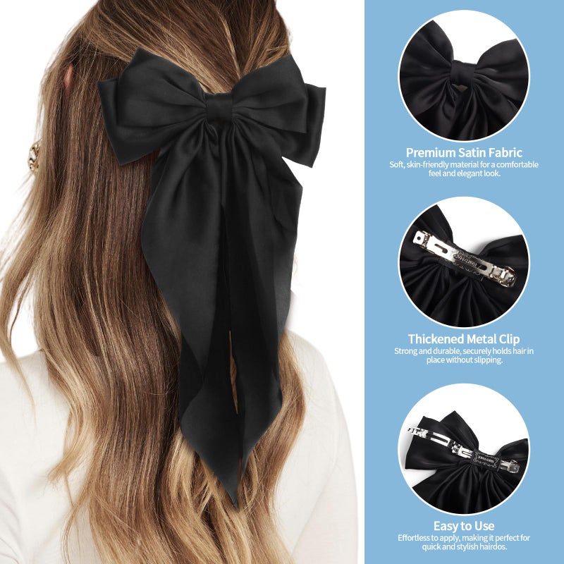 MIKONIKO Silky Satin Hair Bows for Women Girls - 4PCS Ribbon Bows for Hair, Big Bow Hair Clips with Long Tail, Barrettes - Cute Hair Accessories Gifts (Black, Navy, Butterfly, White) - Image 5