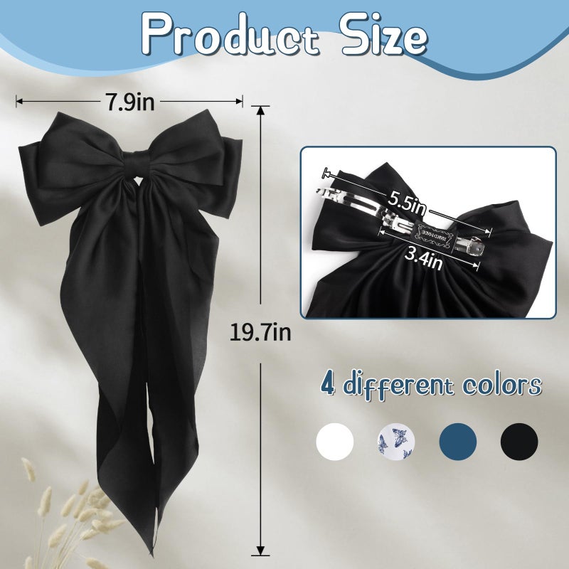 MIKONIKO Silky Satin Hair Bows for Women Girls - 4PCS Ribbon Bows for Hair, Big Bow Hair Clips with Long Tail, Barrettes - Cute Hair Accessories Gifts (Black, Navy, Butterfly, White) - Image 4