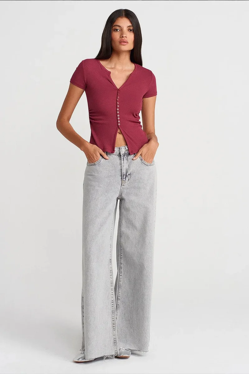 Dilvin Burgundy Red DILVIN Slim Fit V-Neck Button Blouse for Women | Best Price UAE