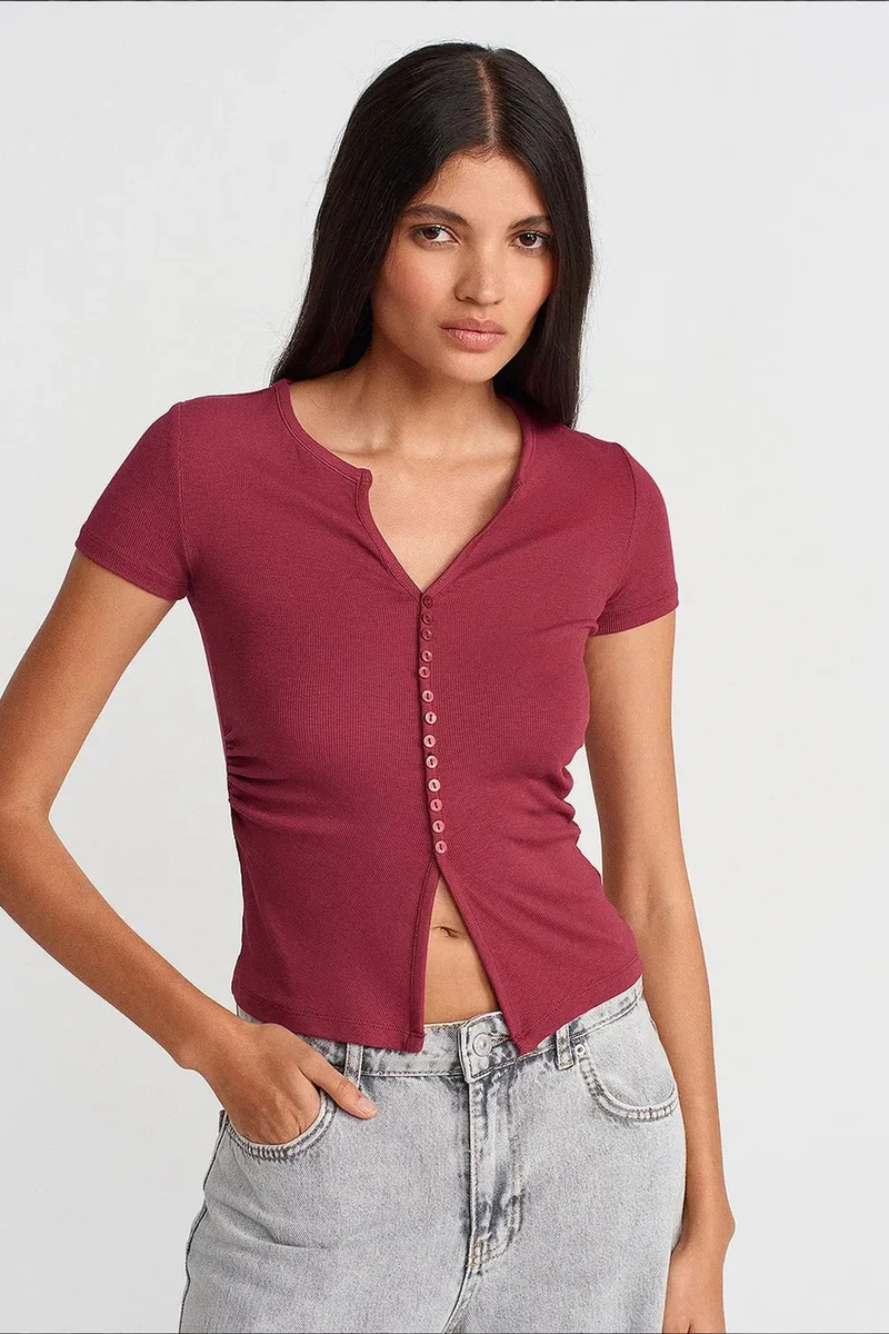 DILVIN Slim Fit V-Neck Button Blouse