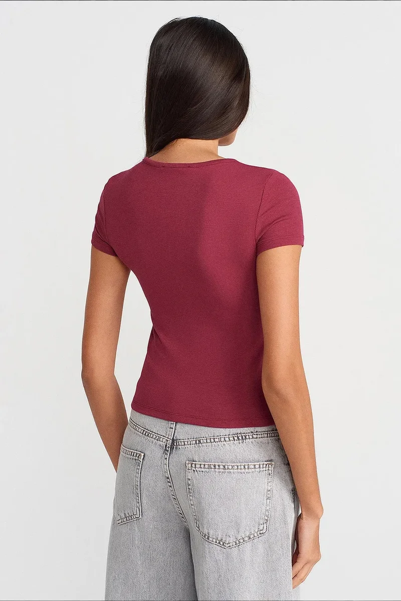 Dilvin Burgundy Red DILVIN Slim Fit V-Neck Button Blouse for Women | Best Price UAE