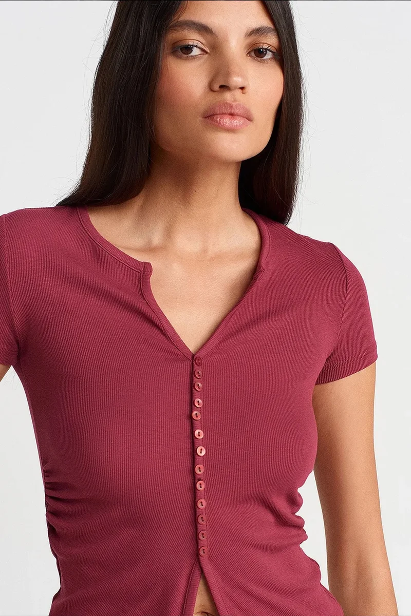 Dilvin Burgundy Red DILVIN Slim Fit V-Neck Button Blouse for Women | Best Price UAE
