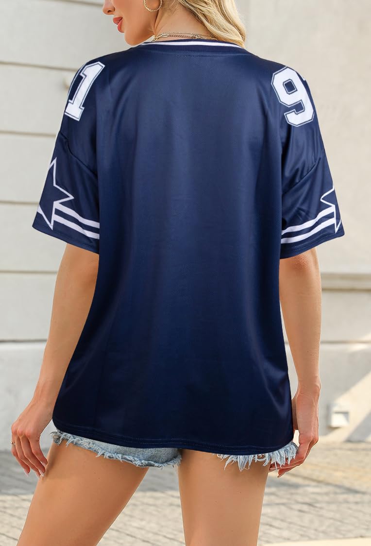 MYHALF Women's Graphic Football Jersey Shirts Y2K Oversized T Shirt V Neck Baggy Streetwear Summer Tops Blue - Image 4