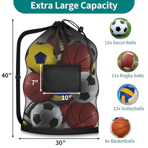 Hoiny Extra Large Soccer Ball Bag, 40" x 30" Drawstring Mesh Ball Bag with Pocket, Heavy Duty Sport Net Sack for Coaches, Storage Bag for Basketball, Volleyball, Gym Equipment, Swimming Gear (1) - Image 2