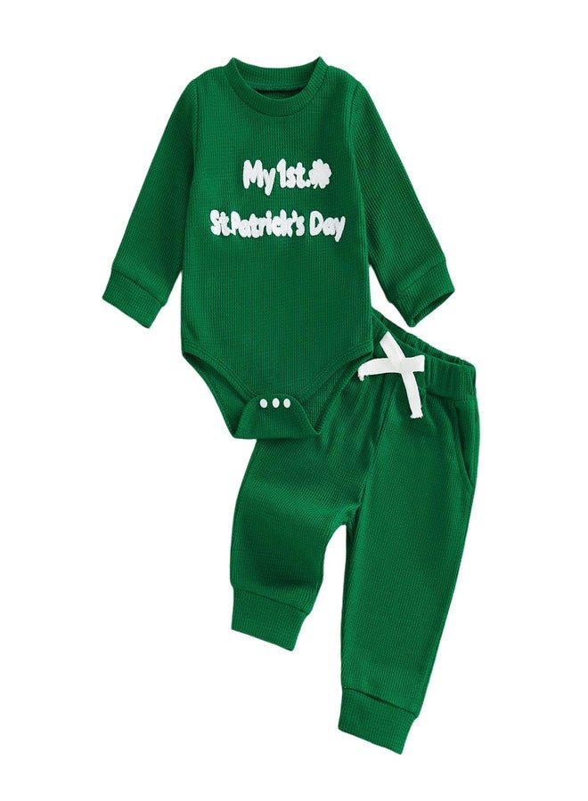 Douhoow Baby Boy St Patricks Day Outfit Infant Boy Girl My 1st St Patricks Embroidered Baby Sweatshirt Romper Pants Set (Green, 0-3 Months) - Image 1