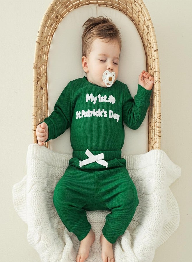 Douhoow Baby Boy St Patricks Day Outfit Infant Boy Girl My 1st St Patricks Embroidered Baby Sweatshirt Romper Pants Set (Green, 0-3 Months) - Image 5