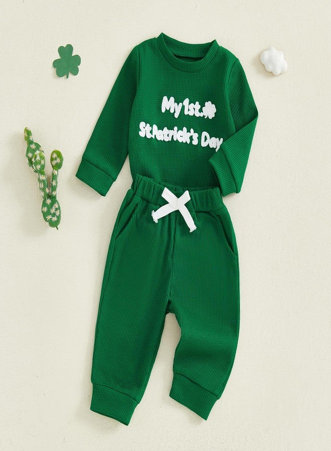 Douhoow Baby Boy St Patricks Day Outfit Infant Boy Girl My 1st St Patricks Embroidered Baby Sweatshirt Romper Pants Set (Green, 0-3 Months) - Image 3