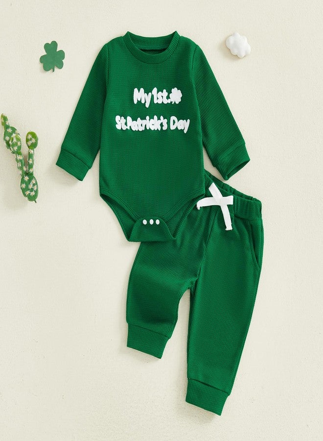 Douhoow Baby Boy St Patricks Day Outfit Infant Boy Girl My 1st St Patricks Embroidered Baby Sweatshirt Romper Pants Set (Green, 0-3 Months) - Image 2