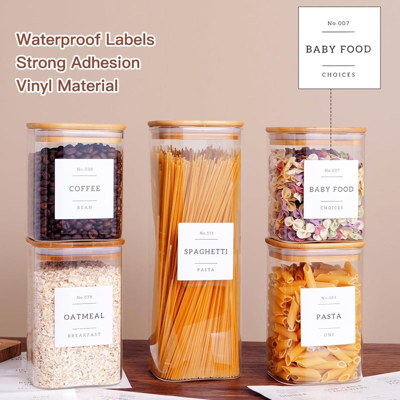 CZZGSM 5 Pack Square Glass Pantry Storage Containers with 132 Kitchen Food Pantry Labels - Clear Glass Jars with Airtight Wood Bamboo Lids - Glass Canisters for Cookies, Nuts, Cereal - Image 3