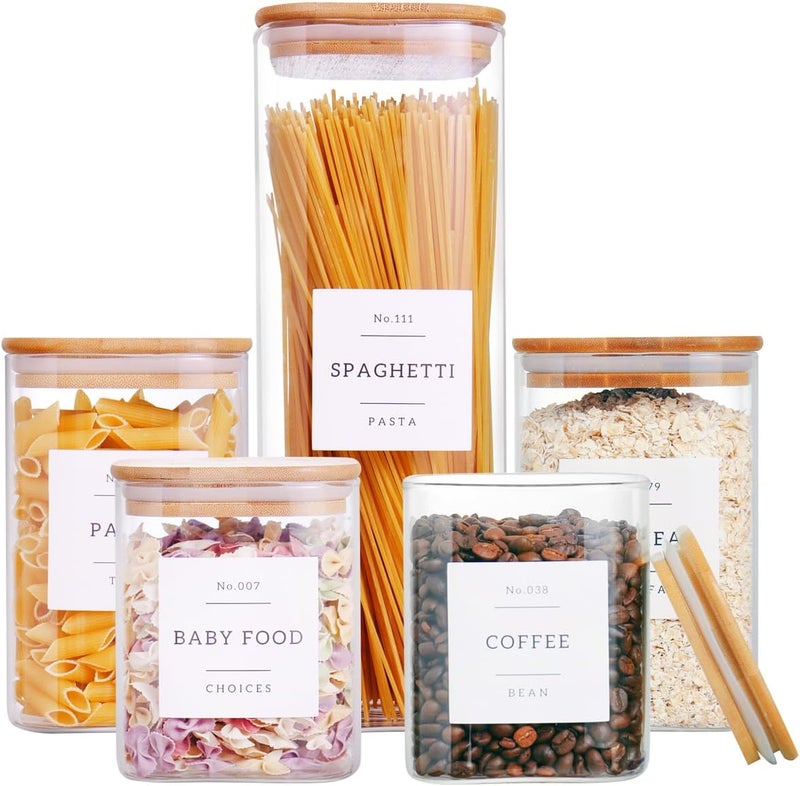 CZZGSM 5 Pack Square Glass Pantry Storage Containers with 132 Kitchen Food Pantry Labels - Clear Glass Jars with Airtight Wood Bamboo Lids - Glass Canisters for Cookies, Nuts, Cereal - Image 1