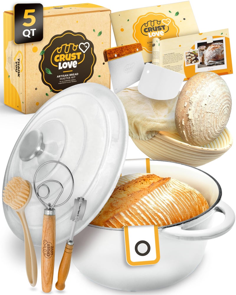 CRUSTLOVE Dutch Oven for Bread Baking - incl. Sourdough Bread-Baking Supplies like Banneton Bread-Proofing Basket - 5QT Enameled Cast Iron Bread-Oven with Lid, Baking Pan, Scoring Tool Lame - Image 1