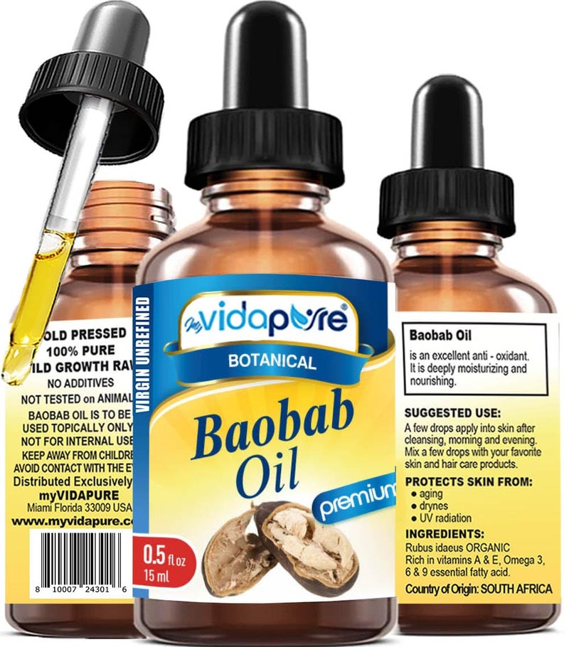 MYVIDAPURE 100 Pure BAOBAB OIL WILD GROWTH RAW 05 Floz 15 ml For Skin Hair Lip and Nail Care - Image 1