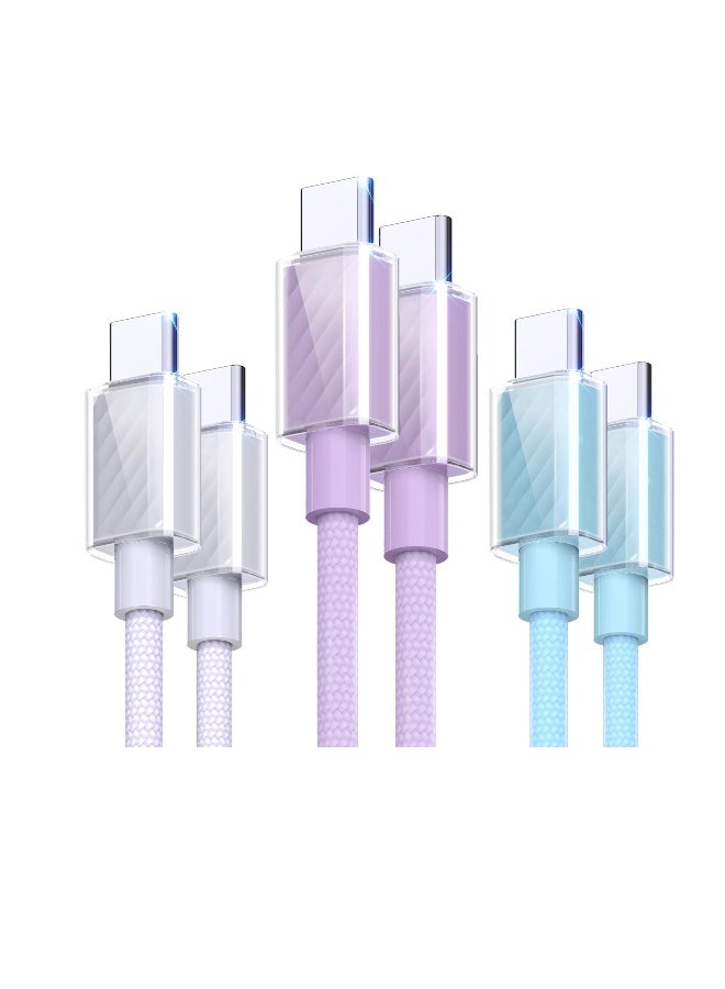 كابل USB C 60 واط، حزمة مكونة من 3 كابلات للشحن السريع بدرجة حرارة منخفضة، كابل USB C إلى USB C ملبس، لشاحن Type C لأجهزة iPhone 15/15 Pro Max، MacBook، iPad، Samsung Galaxy S23، الأزرق، الأبيض، البنفسجي - Image 1