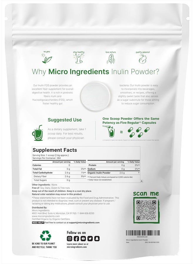 Micro Ingredients Organic Inulin FOS Powder (Jerusalem Artichoke), 2.2 Pounds (35 Ounce), Quick Water Soluble, Prebiotic Intestinal Support for Colon and Gut Health, Natural Fibers for Smoothie & Drinks, Vegan Friendly - Image 2